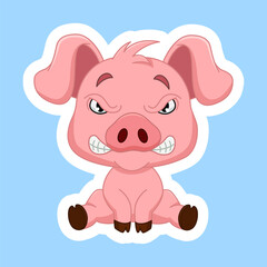 Angry Little Piglet Sticker. Vector Illustration of a Cute Cartoon Character