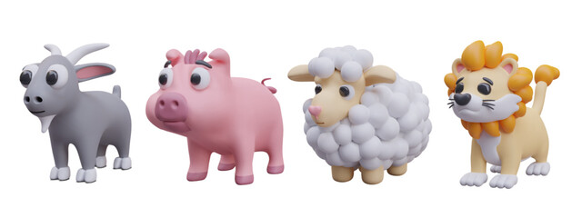 Collection with different cartoon animals. Realistic goat, pink pig, small sheep and yellow lion. Home and safari animal. Vector illustration in 3D style