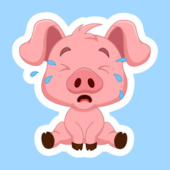 Crying Little Pig Sticker. Vector Illustration of a Cute Cartoon Character