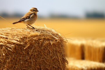 sparrow perched on a golden hay bale in a vast wheat field - obrazy, fototapety, plakaty