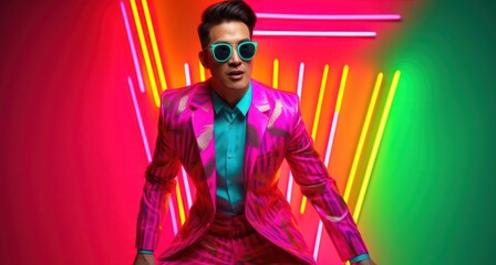 Asian Male Neon Outfit Nightlife Backdrop Generative AI