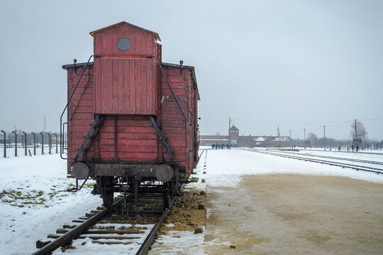Auschwitz, Poland - February 16, 2018: Museum of Auschwitz, Birkenau - Transport wagon used for deportation to Auschwitz concentration camp