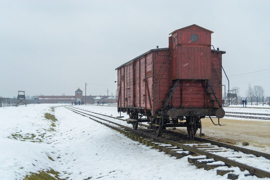 Auschwitz, Poland - February 16, 2018: Museum of Auschwitz, Birkenau - Transport wagon used for deportation to Auschwitz concentration camp