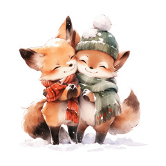 watercolor Christmas cute animal couple in winter