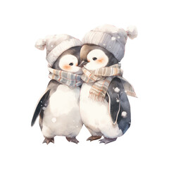 watercolor Christmas cute animal couple in winter