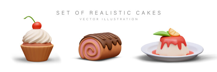Set of realistic cakes. Tasty sweet cupcake with white cream and cherry filling, roll with chocolate sauce and jelly. Vector illustration in 3D style with white background