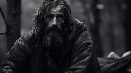 homeless in the woods in black and white