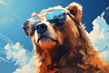  a painting of a dog with sunglasses on it's head and a blue sky in the background with clouds and a blue sky in the middle of the foreground.