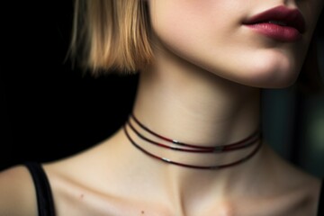 macro shot of a womans neck with a choker necklace - obrazy, fototapety, plakaty