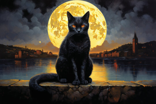  a painting of a black cat sitting on a ledge in front of a full moon over a body of water with a castle and town in the distance in the background.