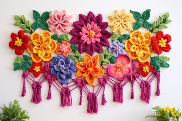 close-up of a colorful macrame wall hanging on a white wall