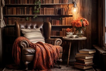 a cozy reading nook with a vintage armchair and stacked books - obrazy, fototapety, plakaty