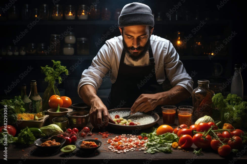 Aufkleber a man in a chef's hat preparing food on a table with a lot of vegetables and sauces on the table and
