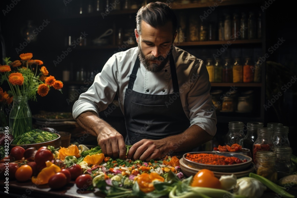 Poster a man standing in front of a table filled with lots of different types of vegetables and a cutting b