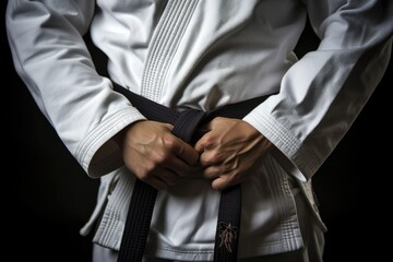 close-up of a jiu-jitsu black belt tied around a white gi - obrazy, fototapety, plakaty