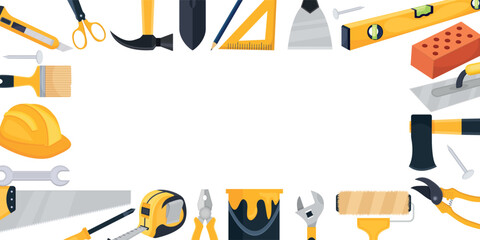 Vector banner of repair tools in cartoon style. Concept of construction and housework. A team of custom builders. Elements for your design. Saw, hammer, etc.