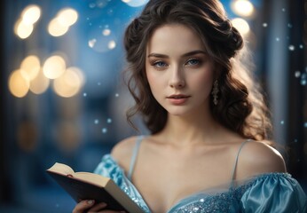 Beautiful young princess woman, wearing blue dress