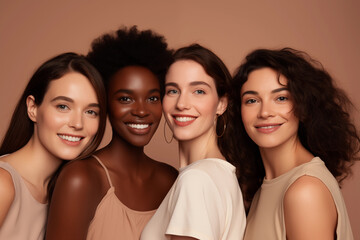 Obraz premium Diversity beauty and natural women with friends in the studio on brown background. Skincare concept