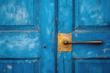 close-up of a vibrant blue door with a brass handle
