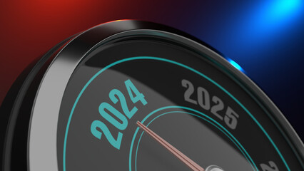 New year 2024 on modern automotive gauge. 3d illustration for new begining.
