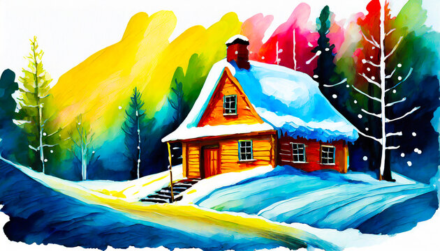vibrant color Snow-covered cabin in gouache with white background