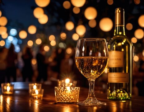 Glass of shampagne or white green new wine for St' Valentine's day or New Year celebration party in romatic outdoor cafe atmosphere with bokeh city and candle lights on the corporate party background