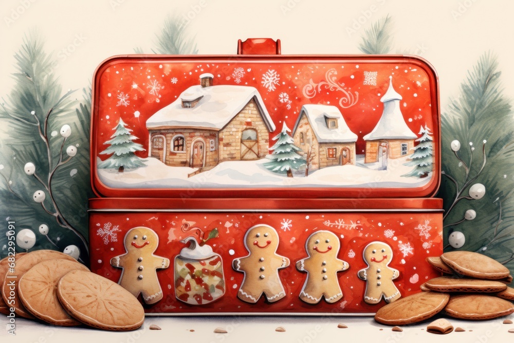 Poster a painting of a red suitcase with ginger cookies in front of it and a christmas scene with ginger co
