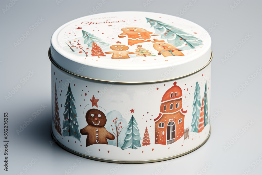 Poster a christmas cookie tin with a picture of a ginger on the front and a ginger on the back of the tin w