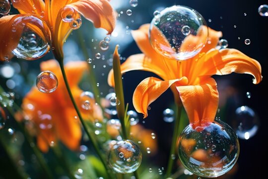 a cluster of bubbles clinging to a vibrant orange lily in a garden