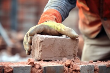 builders gloved hand placing brick on a construction site