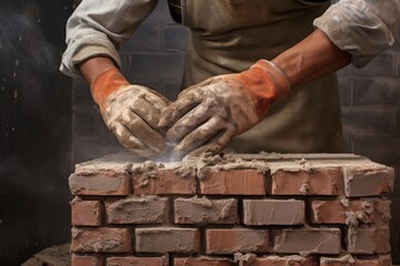 workers gloved hand using a trowel to apply mortar to a brick - obrazy, fototapety, plakaty