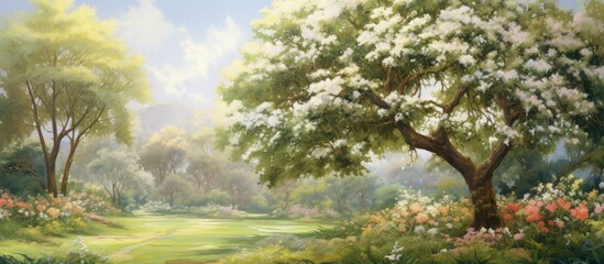 Fototapeta premium In the midst of a vibrant summer, the tree stood proudly adorned with lush green leaves and delicate white blossoms, emanating the floral beauty of a rose garden. The tropical plant created a