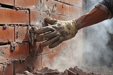 gloved hand wiping dust off a brick on a construction site