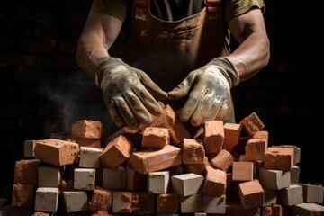 gloved hands of a builder stacking bricks to form a wall