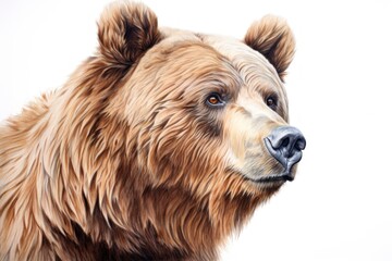  a close up of a brown bear's face on a white background with a blurry image of the bear's head and the bear's fur.