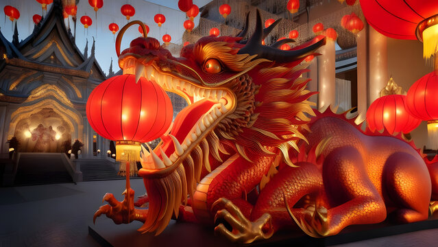 Lantern Festival at the Temple - AI generated Illustration, realistic