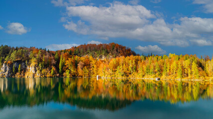 Panoramic view  of the Alpsee lake in Autumn trees season and Bavaria Alps in background, beautiful reflections in water