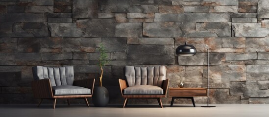 The vintage stone wall in the interior space showcased an abstract design with a textured surface, accentuating the concept of retro art and adding a touch of light to the grunge-like floor, creating