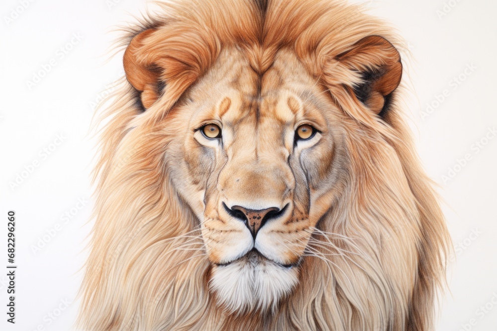 Poster a close up of a lion's face on a white background with a blurry image of a lion's face in the middle