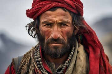 the intense face of a buzkashi player in traditional attire