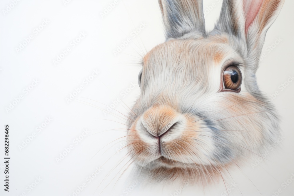 Poster a close up of a rabbit's face on a white background with a blurry image of the rabbit's face and the
