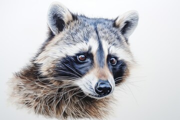  a close up of a raccoon's face on a white background with a blurry image of the raccoon's head and the raccoon's eyes.