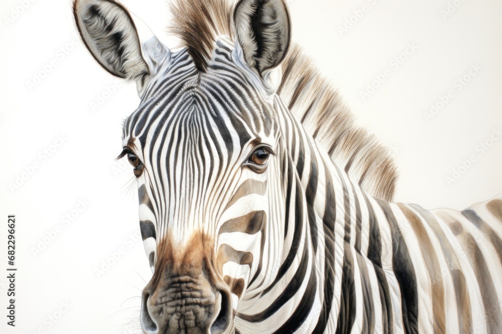 Poster a close - up of a zebra's head with a white sky in the background of the image in the backgrouch of 
