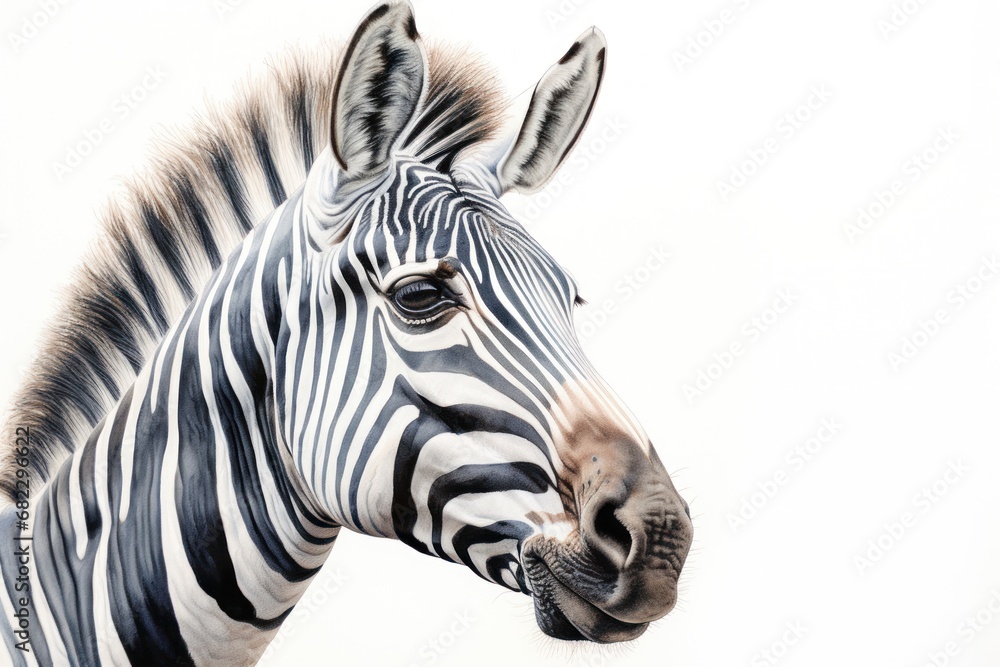 Poster a close up of a zebra's head with its mouth open and it's head turned slightly to the side, with a w