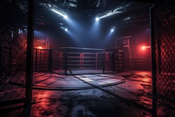 a wide-angle shot of an empty cage fight arena under dramatic lighting
