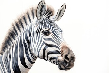  a close up of a zebra's head with its mouth open and it's head turned slightly to the side, with a white background of the zebra's head.