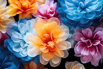 a group of multicolored flowers sitting next to each other on a black background with a black background and a black background with multiple colored flowers in the middle.