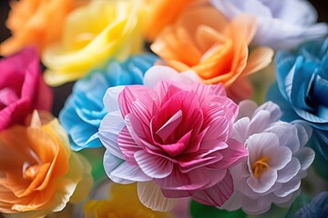  a bunch of multicolored paper flowers are in a group of different shapes and sizes, all of which have been folded to form the same shape and color.
