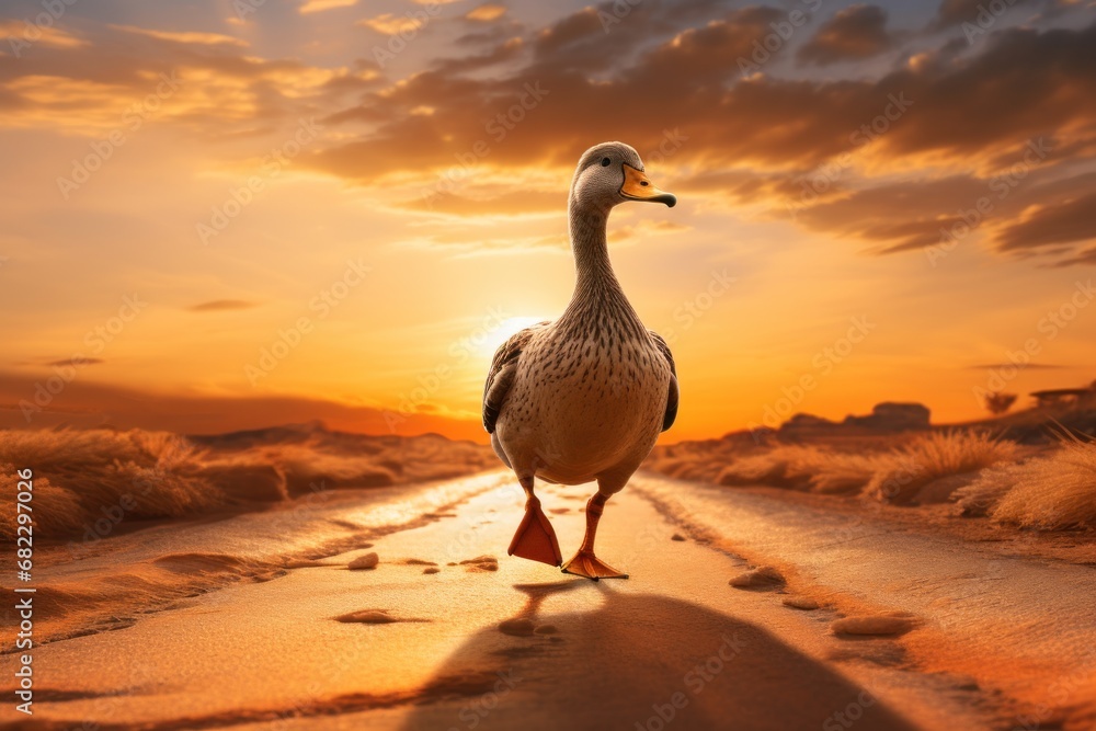 Poster a duck standing on a road in the middle of a desert with the sun setting in the background and cloud