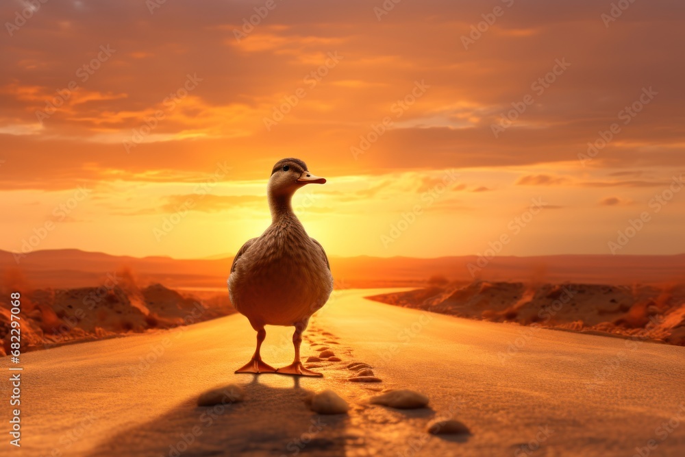 Poster a duck standing on the side of a road in the middle of a desert with the sun setting in the backgrou